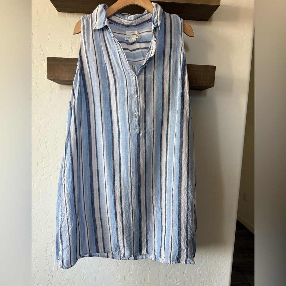 C&C California|100% Linen Blue Striped shirt dress in Sleeveless style,Beachy•1X